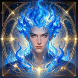 symmetry!! portrait of man with blue flaming hair, sci - fi, glowing lights!! intricate, elegant, highly detailed, digital painting, artstation, concept art, smooth, sharp focus, illustration, art by artgerm and greg rutkowski and alphonse mucha,