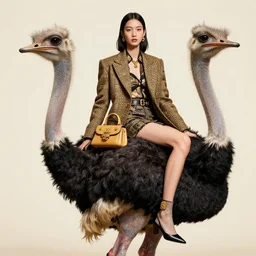 fashion model sitting on ostrich, official versace tutorial, highly detailed
