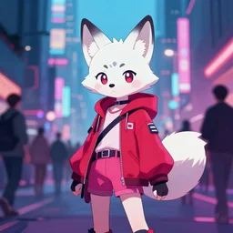 cyberpunk city streets anime scenery. a cute anthropomorphic arctic fox girl wearing a red and pink outfit. artstation, pixiv, furaffinity. digital artwork of a fursona surrounded by skyscrapers and a bokeh crowd.