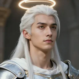 closeup portrait of a young clean-shaven beautiful calm and pious male aasimar paladin with white hair a halo above his head wearing white vestments under armor, pensive and hopeful expression, by Greg Rutkowski, intricate, masterpiece, sharp, digital art, 8k