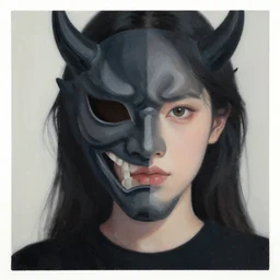 detailed 6 0 0 mm real photography of asian girl with big eye and use black tshirt wear demon mask, focuses on the nuances of the human face and subtle shifts in tonal value, silhouette composition, neutral, cool - toned palette, fluid patterns, powerful composition, opaque paints, grid method.