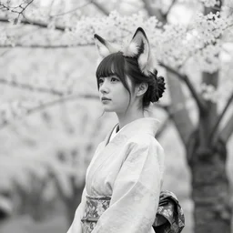 “ a portrait photo of a young asian woman with fox ears wearing kimono at a sakura tree, side shot, by shunji dodo, 8 k resolution, black and white photo, high quality ”