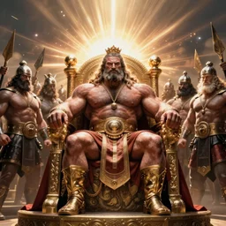 burly strongman king sitting on a throne surrounded by his warriors, photography, epic