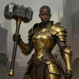 steampunk female warrior, giant hammer, portrait, brass metal armor, buff, black skin, brown eyes, bald, badass beard, urban city at background, high fantasy, tech, digital painting, highly detailed, smooth, sharp contrast, by artgerm and greg rutkowski and alphonse mucha, artstation