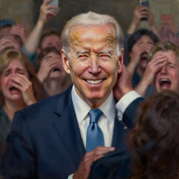 Biden smiling with red glowing eyes staring at a crowd of people crying, oil painting