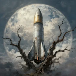 abandoned rocketship, many thick dark knotted branches, detailed, ethereal, round clouds, dramatic lighting, artwork by albert bierstadt