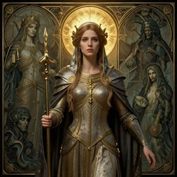 Elisha Cuthbert as a saint paladin masterpiece, gothic art, golden halo behind her head, art nouveau, by Edgar Maxence and Ross Tran, distaw Beksinski, and Michael Whelan, distant, gustav dore, H.R. Giger, 8k, octane render