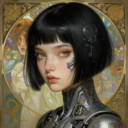 a beautiful illustration of a young cyber girl, short black hair, intricate, sharp focus, illustration, highly detailed, digital painting, concept art, matte, art by wlop and artgerm and greg rutkowski and alphonse mucha, masterpiece