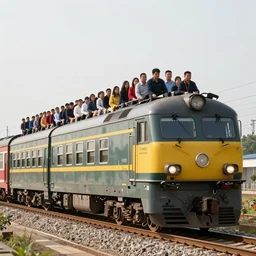 a train with a thousand people on top and on it's sides