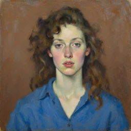 expressive medium shot portrait of a pale young 8 0 s model woman with curly brown hair, big lips, wearing a blue shirt, brown background, oil painting, impasto, muted colors, artwork by lucian freud, arnold bocklin