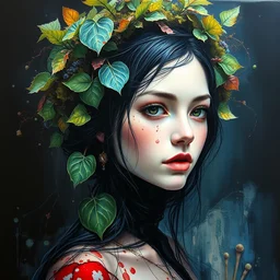 a portrait of beautiful girl by irakli nadar with intricate detailed color smashing fluid oil paint and acrylic, moss and leaves headdress, melting wax, mycelia, abstract impressionism, ruan jia, dark fantasy, hyper detailed, concept art, by gustav klimt, by sue bryce, moody lighting, black background