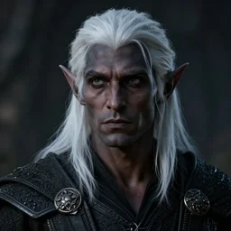 a portrait of a dark drow elf male, medium length white hair, young adult, charcoal color skin, curious, style by donato giancola, wayne reynolds, jeff easley dramatic light, high detail, cinematic lighting, artstation, dungeons and dragons