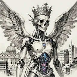 ai biomech, ethereal ultralight male i robot skull king with crown mechanism, quantum physics, angelic and unsettling, wires, veins, ferrofluid, bismuth, style blend of hideo kojima, shepard fairey, and botticelli, city backdrop is a blend of the vatican, neo - andean architecture and brutalism, 4 k photorealistic, ultra fine inklines