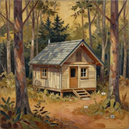 a cabin tucked away in the woods by matthew forsythe, detailed, intricate, warm tones, paper collage, oil on canvas by chuck groenink, moebius