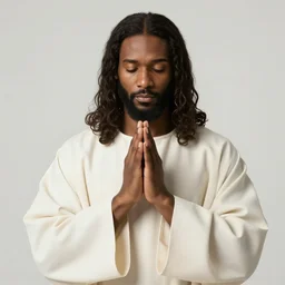black communist jesus praying with his hands together in prayer hands dressed in robes, in a middle eastern garden, photorealistic religious art, ultra highly detailed, in the style of communist propaganda and realism, very colorful