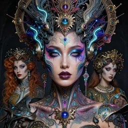 hyperrealistic detailed portrait of a beautiful goddess in a cyber headdress, intricate cyberpunk neon make - up, art by ernst haeckel, nekro borja, alphonso mucha, h. r. giger, ornamental gothic - cyberpunk,