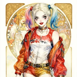 a watercolor portrait illustration by sui ishida and alphons mucha of an anime girl as harley quinn highly detailed anime eyes wearing streetwear clown pilot suit lots of zippers, pockets, synthetic materials, jumpsuits by issey miyake and balenciaga 8 k