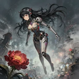 detailed, sharp, dreaming humanoid female automata wearing gothic ornament floating above a dystopia with higan flower by Anna Dittmannand, by hayao miyazaki, digital art. surreal. trending on artstation. anime arts. featured on Pixiv, HD, 8K, highly detailed, good lighting. beautiful. epic.