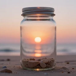 a tiny realistic dreamy beautiful sunset beach inside a glass jar only. sharp focus, photography, unreal engine, trending on artstation, photorealistic, octane, trending on deviantart, unreal engine