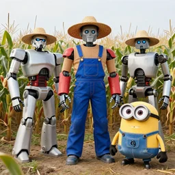 a photo of transformers wearing a straw hat blue overalls in the corn field, robots, humanoid, star wars, chappie, farming, photorealistic, 8 k