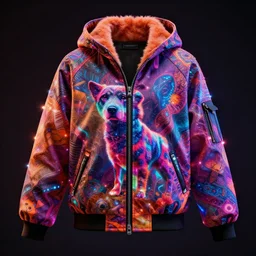 generative design autumn season rave jacket with led lights skin and fluffy lining in the style of cyberdog, futuristic psychedelic hippy, product shot, dark background
