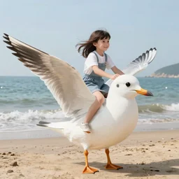 girl riding a giant seagull at the beach