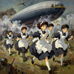 baroque oil painting of anime key visual concept art of anime maids running away from the hindenburg disaster, smoke debris, grimdark steampunk fantasy, pleasant battlefield, trending on artstation, brush strokes, oil on canvas, style of makoto shinkai and greg rutkowski and studio ghibli