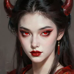 attractive demon queen with red eyes painting by gaston bussiere, luis rollo, craig mullins, close - up portrait, digital painting, highly detailed, artstation, sharp focus, illustration, concept art, full hd