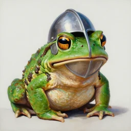 hyper realistic oil painting of a green toad in a knight helmet with opened visor, vibrant colors, high contrast, hyper detailed, trending on artstation