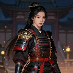 portrait han so hee korean actress, wearings black and red samurai armor, in temple firefly sparkles night, ssci - fi and fantasy, intricate and very very beautiful and elegant, highly detailed, digital painting, artstation, concept art, smooth and sharp focus, illustration, art by tian zi and wlop and alphonse mucha