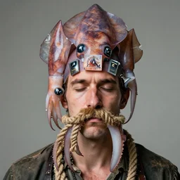a portrait photograph of the world champion squid ambassador, a man with multiple squid stapled to his forehead. he looks weary, and has a moustache made of thick rope, weighing his head even further. nobody knows his name
