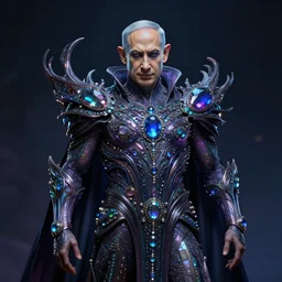 benjamin netanyahu as an otherworldly iridescent alien overlord, embedded with gemstones, flowing with dark power, highly detailed, trending on artstation, by wayne barlowe, and tim hildebrandt and bruce pennington and beksinski