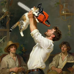 picture of a man with a white shirt and a red chainsaw for a head lifting up a cat with both arms, full body, highly detailed, digital painting, artstation, sharp focus, illustration, art by artgerm and irakli nadar and greg rutkowski and alphonse mucha - c 9. 5 - n 6
