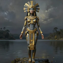 beautiful aztec inca woman full body well proportioned stands on lake epic by eddie mendoza hyperrealism expressive cyborgess symmetrical very very detailed giger beksinski grey and gold
