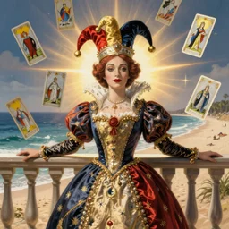 A queen with jester hat and clothes on the front of a Balustrade with a beach on the background, major arcana cards, by paul delaroche, hyperrealistic