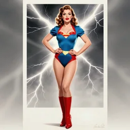 full body woman super hero pin up poster, 1940s photo real, dramatic lightning, highly detailed, high quality, HD
