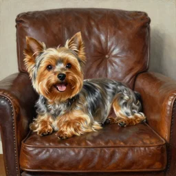 an old happy brown and gray Yorkshire terrier dog lounging in a leather chair, long hair, extremely detailed masterpiece, oil on canvas, by Norman Rockwell,