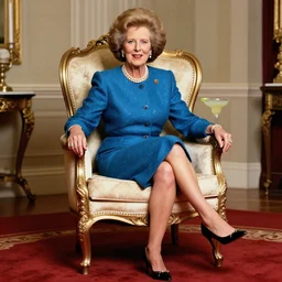 margaret thatcher sitting in a fancy chair, the chair looks like a margarita cocktail, fashion photography