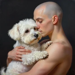small white dog hugging his bald owner, fantasy, high detail, elegant, digital painting, cinematic lighting, vibrant, intricate, textured skin, highly detailed, artstation, sharp, focus, hdr, unreal engine 5, breathtaking, illustration, anna dittmann, ilya kuvshinov, nikolay makovsky
