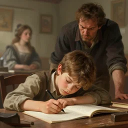 Epic portrait An exhausted boy doing homework while his angry dad is watching him, Blurred backround, Cozy, atmospheric, digital painting, artstation, concept art, soft light, hdri, smooth, sharp focus, illustration, fantasy, intricate, elegant, highly detailed, D&D, matte painting, in the style of Greg Rutkowski and Alphonse Mucha and artemisia, 8k, highly detailed, jurgens, rutkowski, bouguereau, pastoral, rustic, georgic