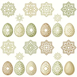 vector illustration of 2 - dimensional repeating islamic geometric designs and easter eggs. stock art. the color theme is # ce 0 cf 7 # 0 0 faa 8 # 3 6 4 5 4 f. octane render, 4 k, high detailed.