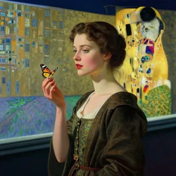 a woman in a medieval city, butterflies, hyperrealistic film still by edward hopper, by gottfried helnwein, by klimt, by paolo uccello, by johfra bosschart, art nouveau, highly detailed, strong lights, liminal, eerie, symbolist, bright pastel colors