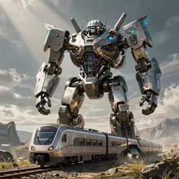 sci - fi, train transforming into giant robot mecha, wires and sensors around, art by ismail inceoglu