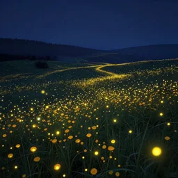 fireflies in a vast ocean inspired by Evgeny Lushpin,flower meadow,spring,cinematic,trending on ArtStation