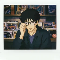 a film still polaroid portrait of a 1 9 8 0's sad man crying at a vinyl stall, eyeglasses, yandere grimdark, trending on pixiv fanbox, painted by ilya kushinov makoto shinkai takashi takeuchi studio ghibli, akihiko yoshida