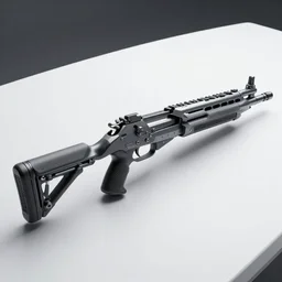 futuristic submachine gun on a smooth white table, design concept art, minimalist, studio lighting, 3d render, octane render, photorealistic, highly detailed, intricate detail, trending on artstation
