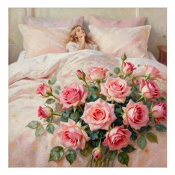 an intricate artistic painting of a beautiful bed of roses with painterly motives and textures, american beauty movie poster inspired, hyper detailed, sleeping beauty, octane render, vivid colors, artstation, by jeremy mann, by alphonse mucha, by boris vallejo