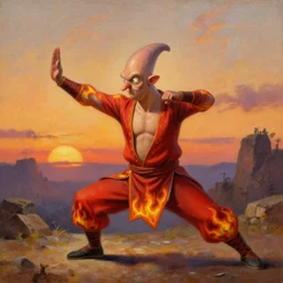 [ squidward ] wearing fire nation clothing and practicing firebending outside at susnset, oil painting, highly [ detailed ], intricate, hd, sharp focus, photorealistic, by [ moebius ] and greg rutkowski and thomas kinkade, trending on artstation, trending on cgsociety, realistic shading and lighting, big nose