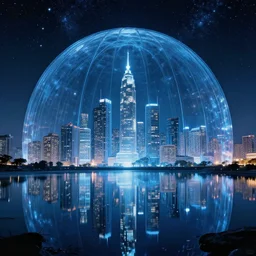 cyberpunk city, galaxy, stars, glass dome, hyperrealistic, award winning, futuristic, photography, light diffusion, lake, blue, glass, extremely wide angle