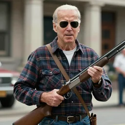 film still of joe biden as nada wearing a flannel shirt and sunglasses and holding a shotgun with a bandolier in bank scene in they live 1 9 8 8